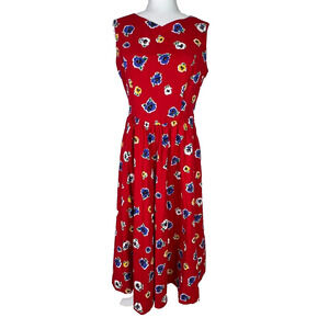 Lanz‎ Original 80's Red Floral Tank Bow Tie Back Pocket Tea Dress Sz 14